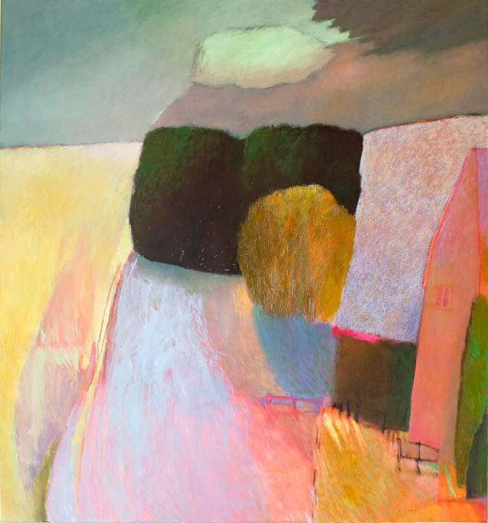 Abstract painting with blocks of colors that look like a landscape.